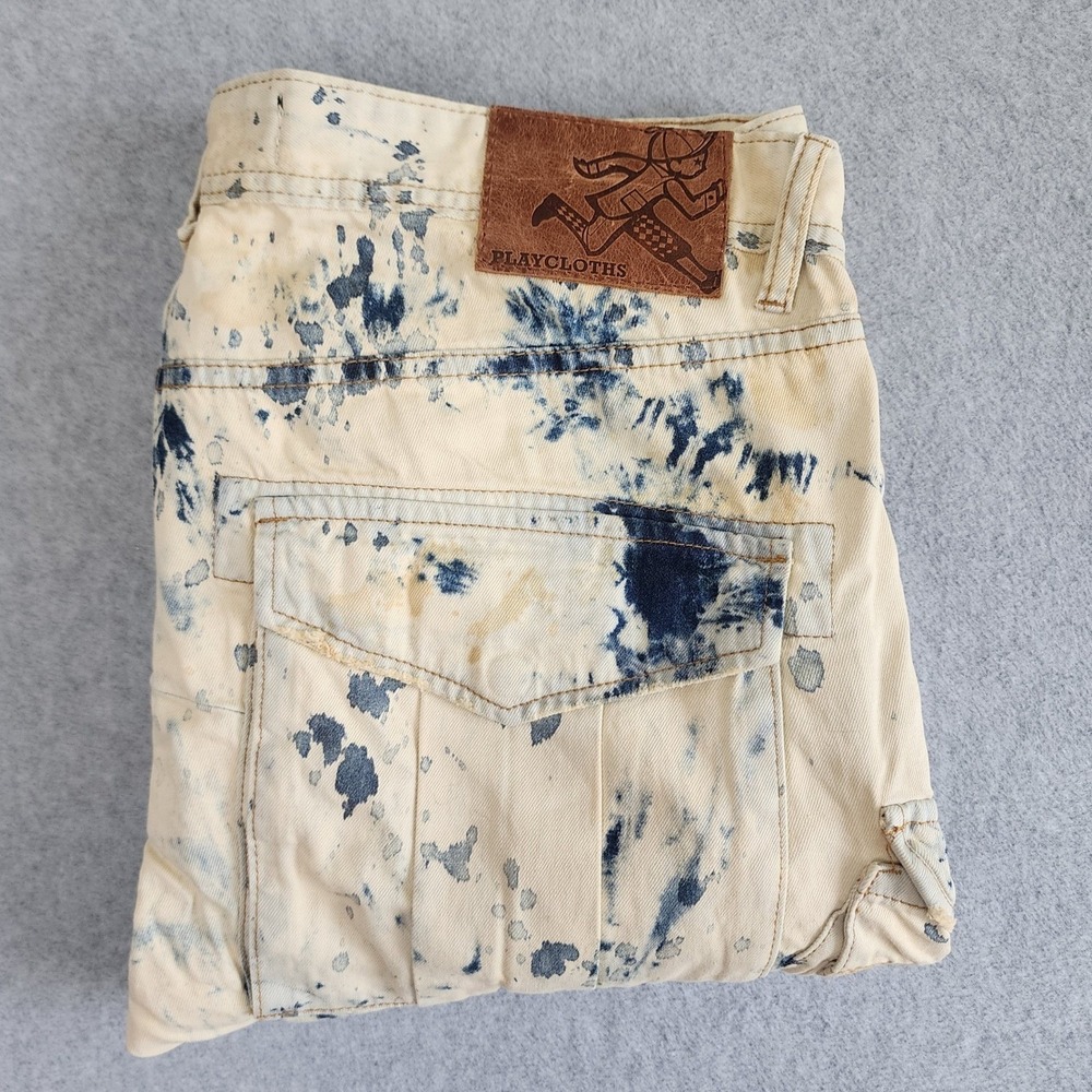 Play Cloths Cargo Pants 36 Cream Blue Acid Wash Splatter Streetwear‎ Jogger